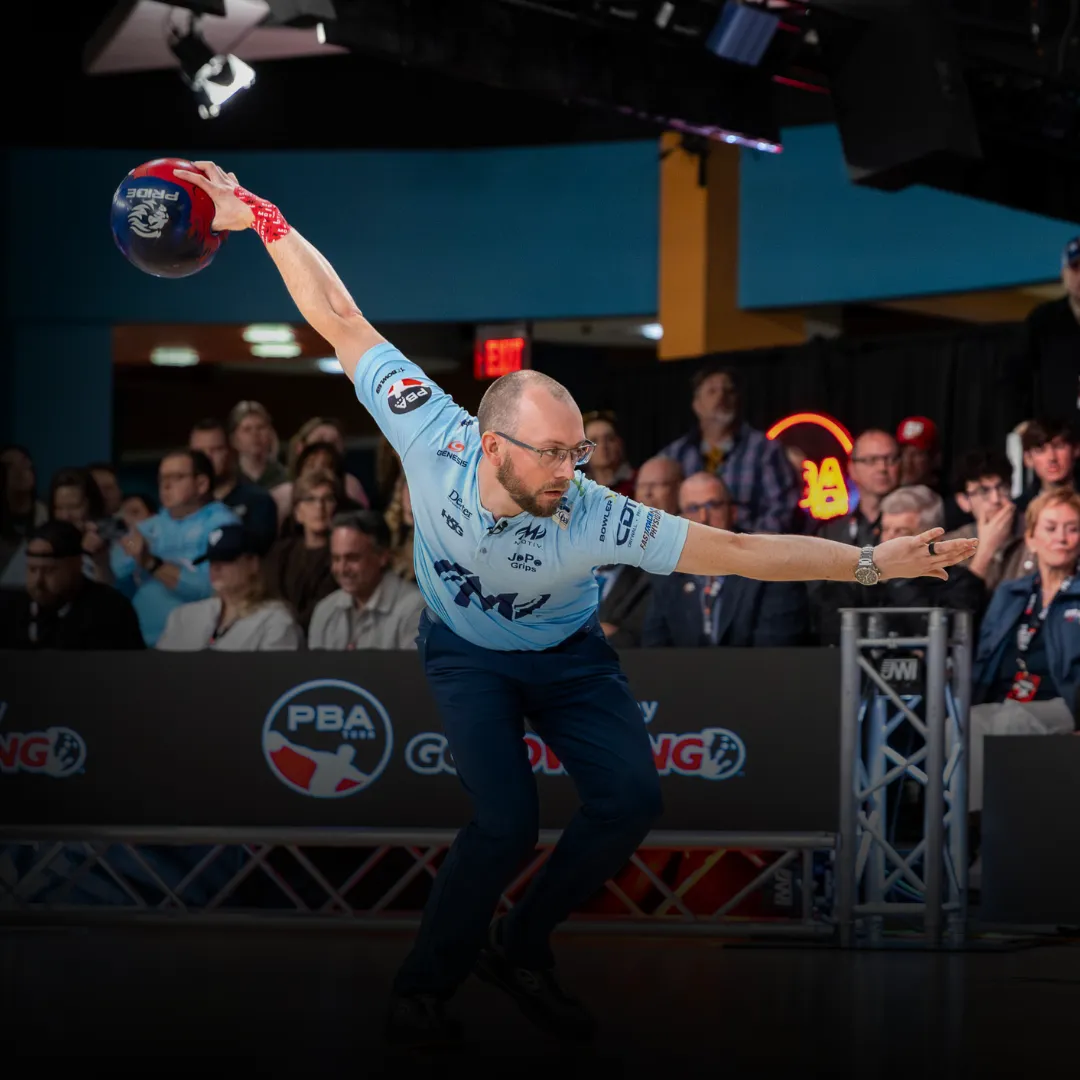 EJ Tackett bowling during PBA Ohio Classic qualifying in Columbus