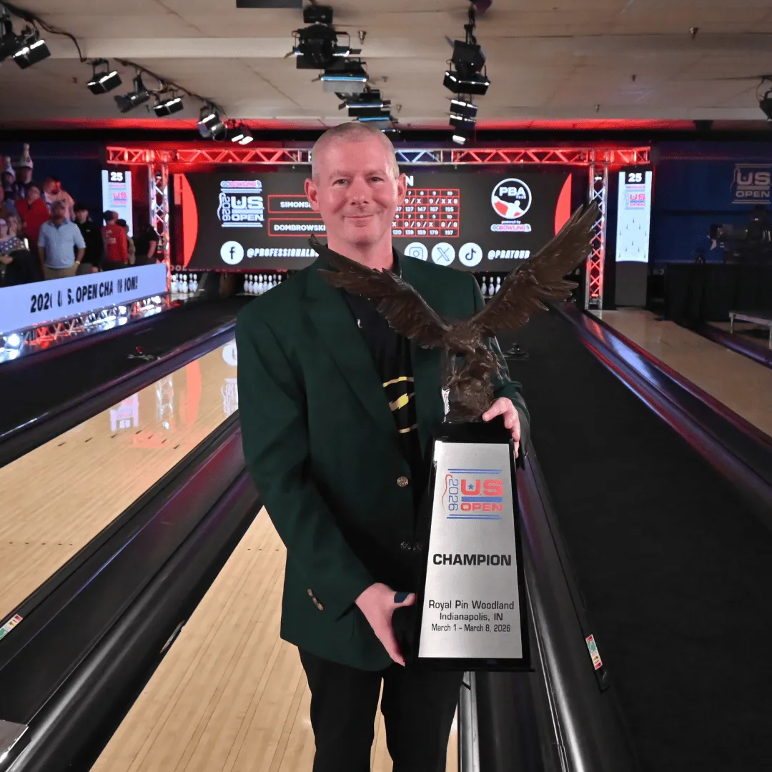 Patrick Dombrowski celebrates winning the 2026 U.S. Open bowling title after defeating Anthony Simonsen in the championship match.
