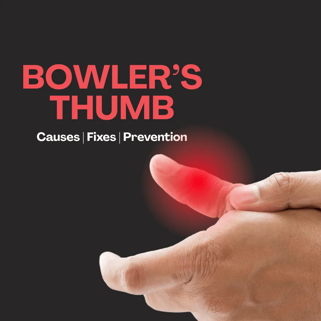 A person showing hand thumb's pain caused by bowler's thumb
