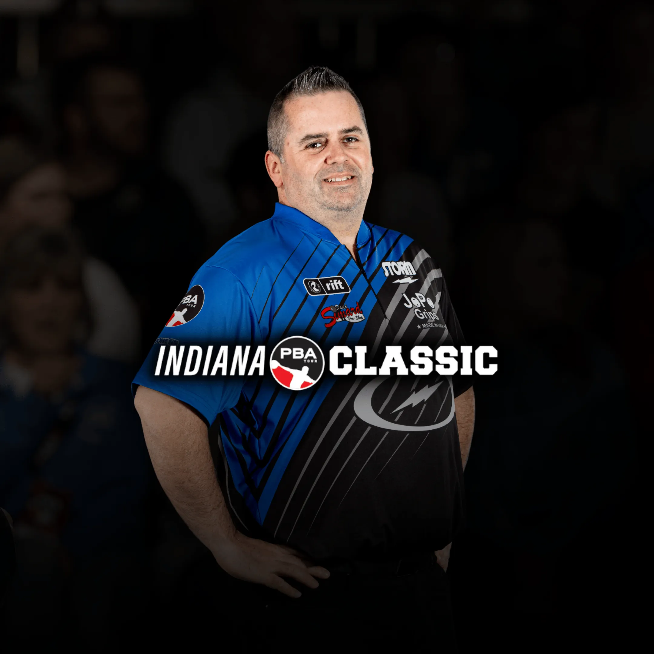2026 PBA Indiana Classic, Leader David Simard next to a tournament logo