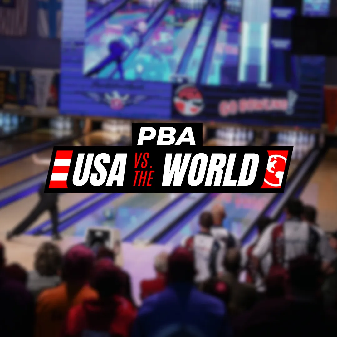 Professional bowlers EJ Tackett and Jason Belmonte standing on the custom wood lanes at the International Bowling Museum for the PBA Captains Match.