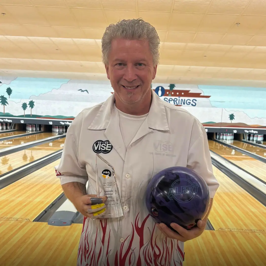 Danny Wiseman holding a trophy after PBA 50 The Villages Classic finals match