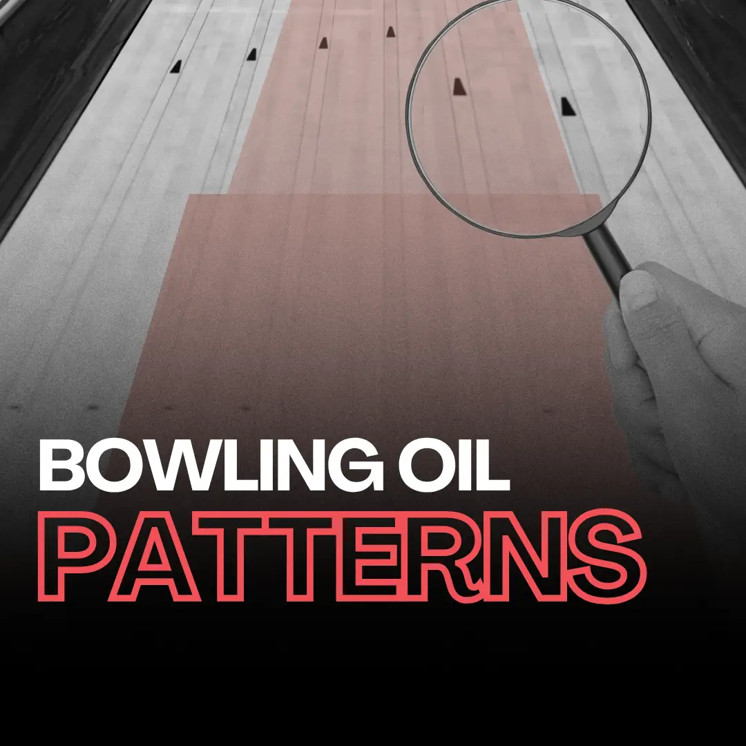 Close-up view of bowling oil patterns on a lane, highlighted with a magnifying glass.