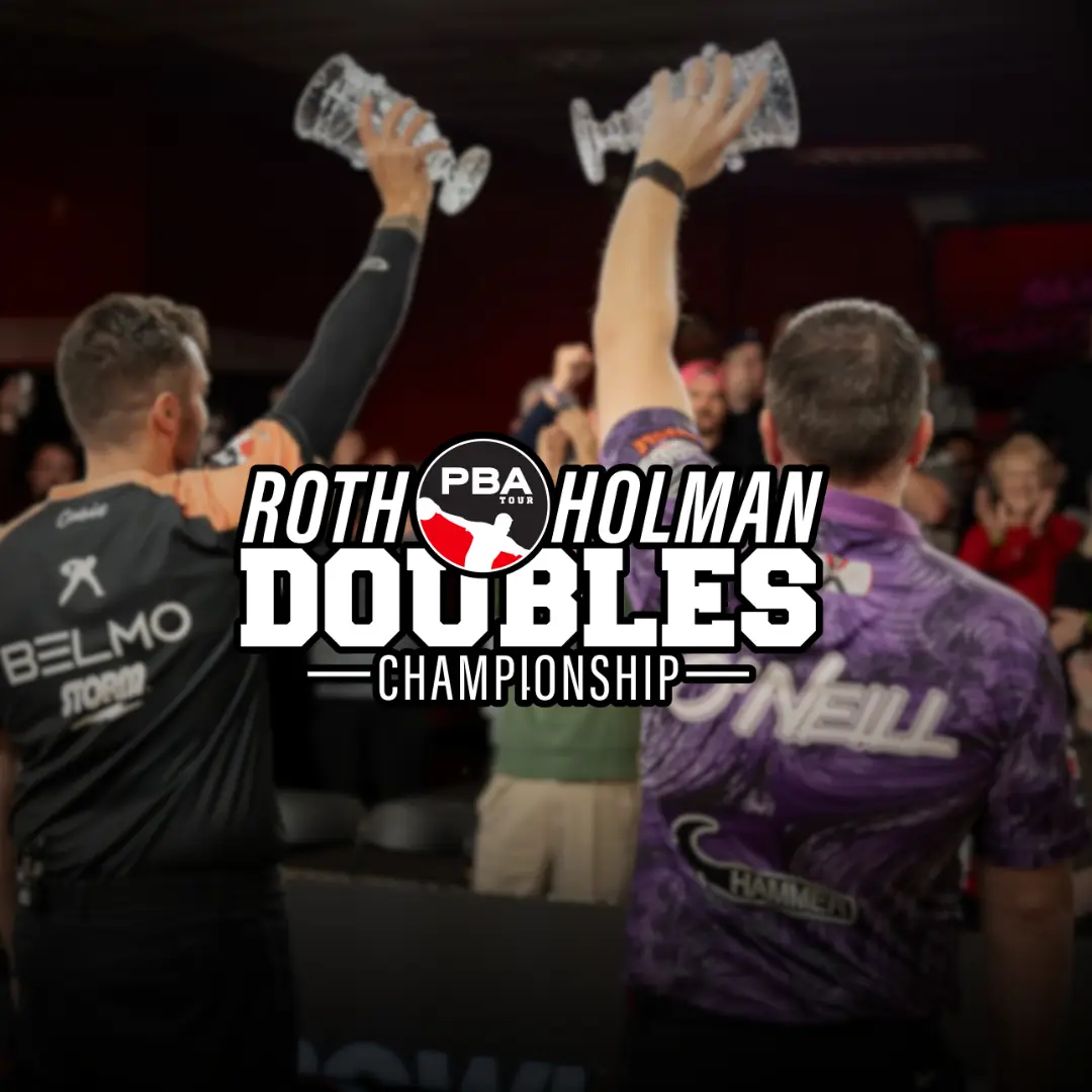 PBA Roth Holman Doubles Championship graphic with two bowlers raising trophies during celebration