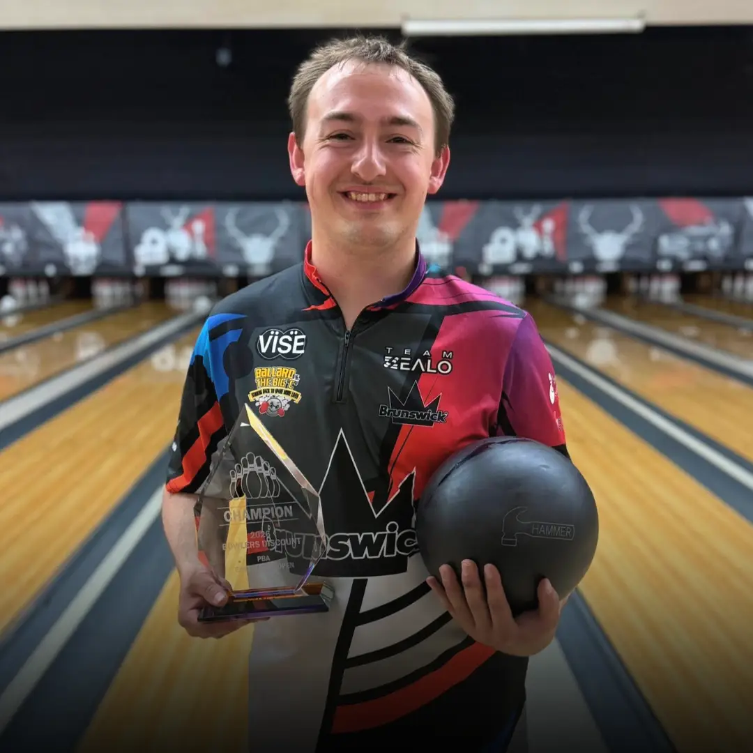 Spencer Robarge celebrating PBA Bowlers Discount Pro Shop Open victory