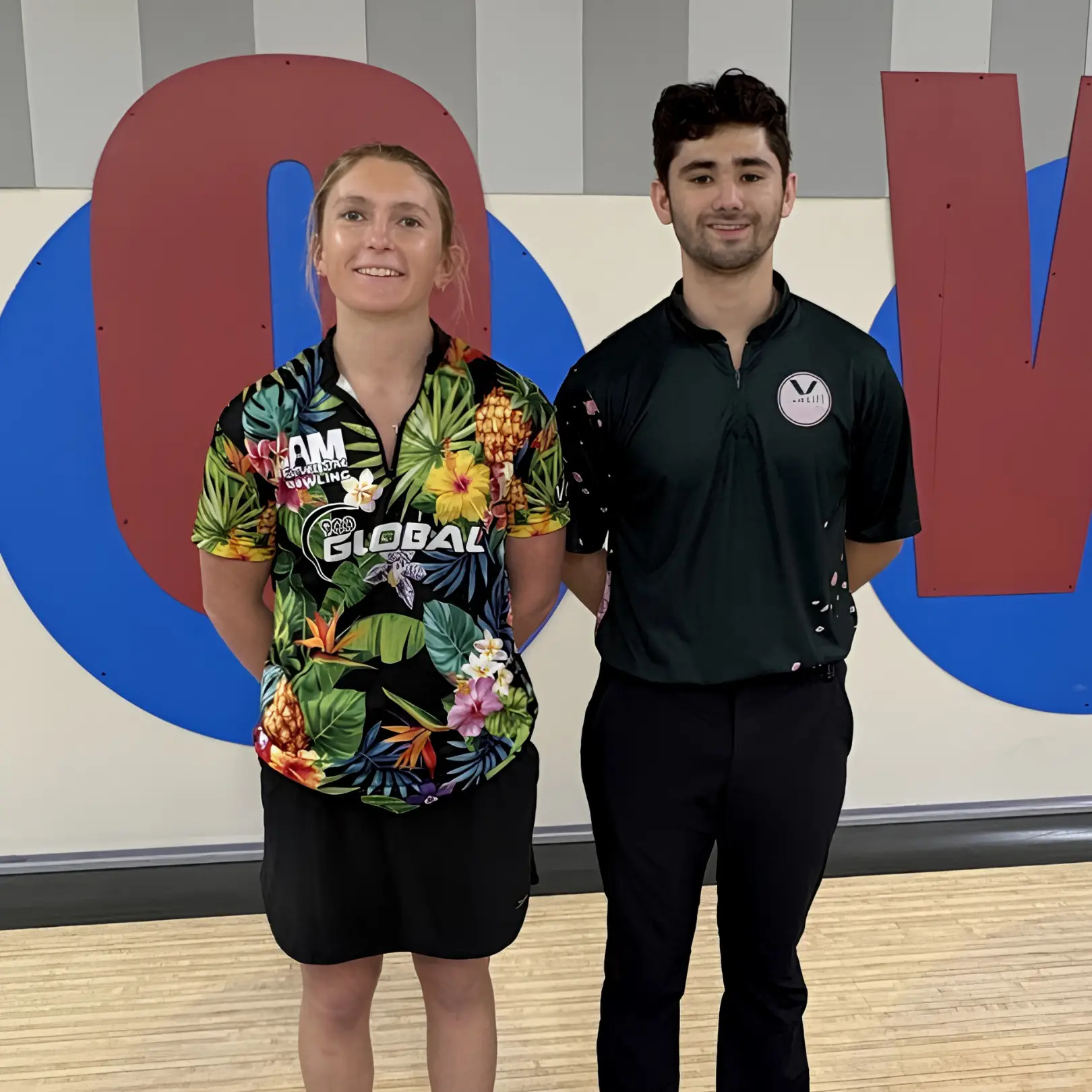 Alt image description: U22 Masters and Queens qualifying leaders Melia Mitskavich and Aidan Furukawa at Boardwalk Bowl in Orlando